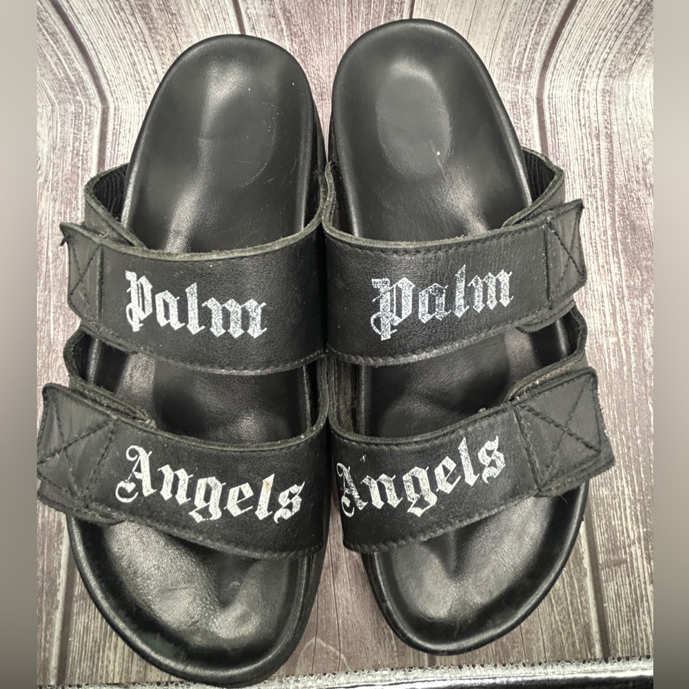 PALM ANGELS Double Strap Leather Slide Sandals Black White Logo + Box & Dust Bag - Picture 4 of 14